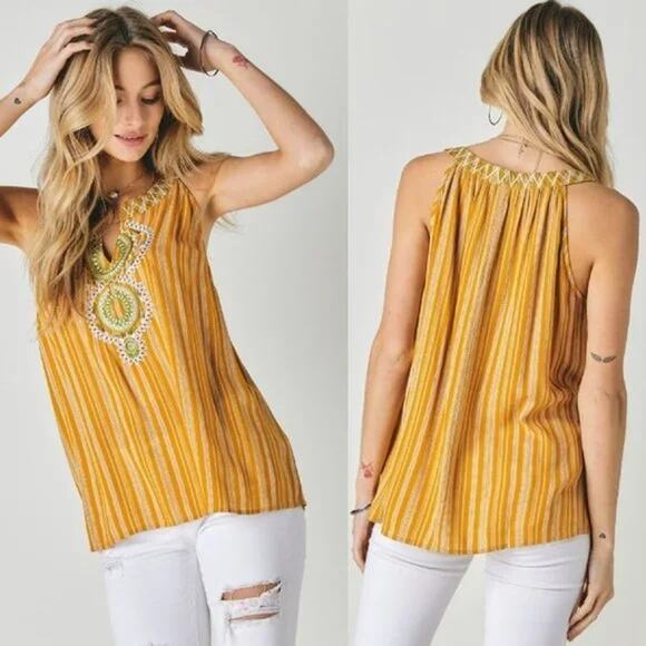 Davi & Dani Womens Tank Size Medium Mustard Striped Embroidered Boho Top NEW - Picture 1 of 6